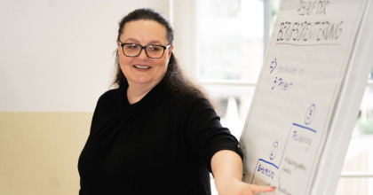 Dozentin Cordula Rosenberg am Flipchart in der Weiterbildung zum*zur Trainer*in für Berufsorientierung
